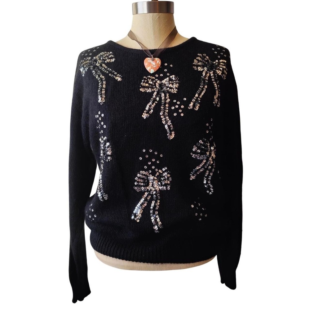 Vintage 90s Angora Sweater Silk Blend Bow Sequins Whimsigoth Party L Fuzzy Cozy